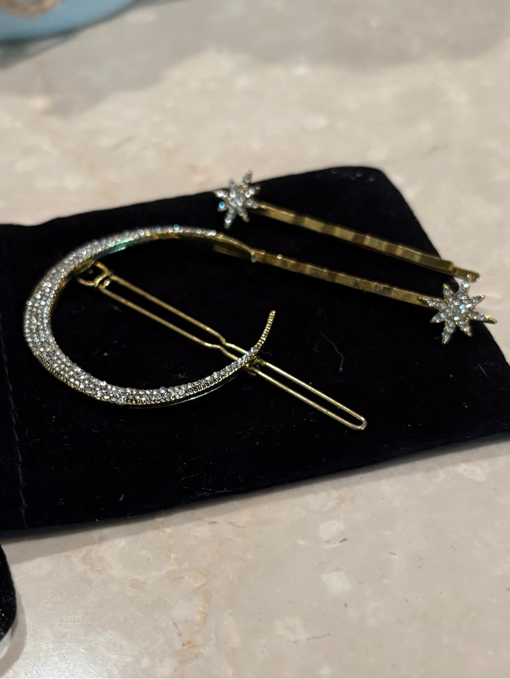 Anthropologie Gold Moon & Star Rhinestone Hair Pin Set (three pieces) - Picture 3 of 4